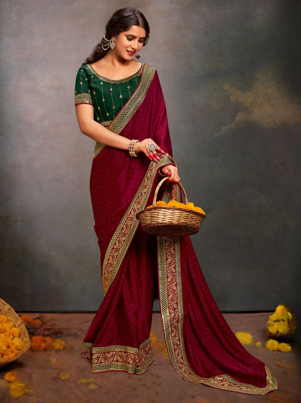 Burgundy Red Fine Premium Wedding Silk Designer Saree