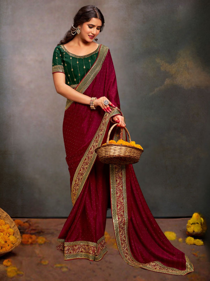 Burgundy Red Fine Premium Wedding Silk Designer Saree