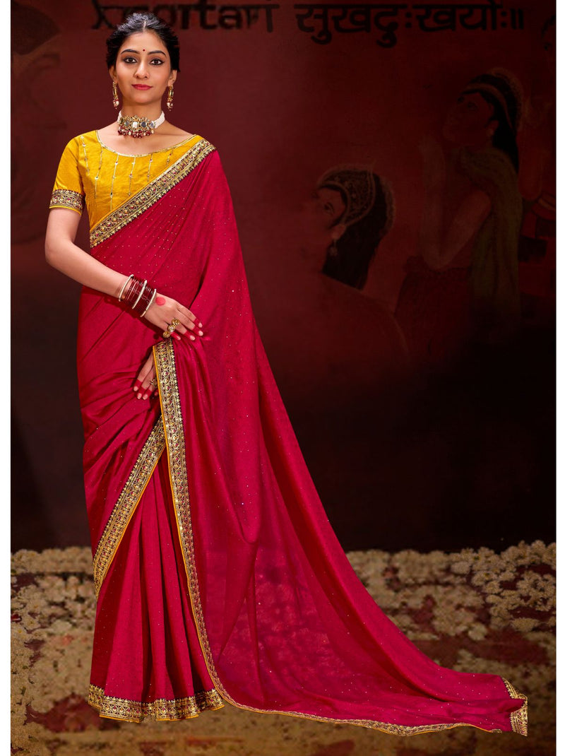 Violet Crayola Red Fine Ethnic Designer Silk Saree - TrendOye