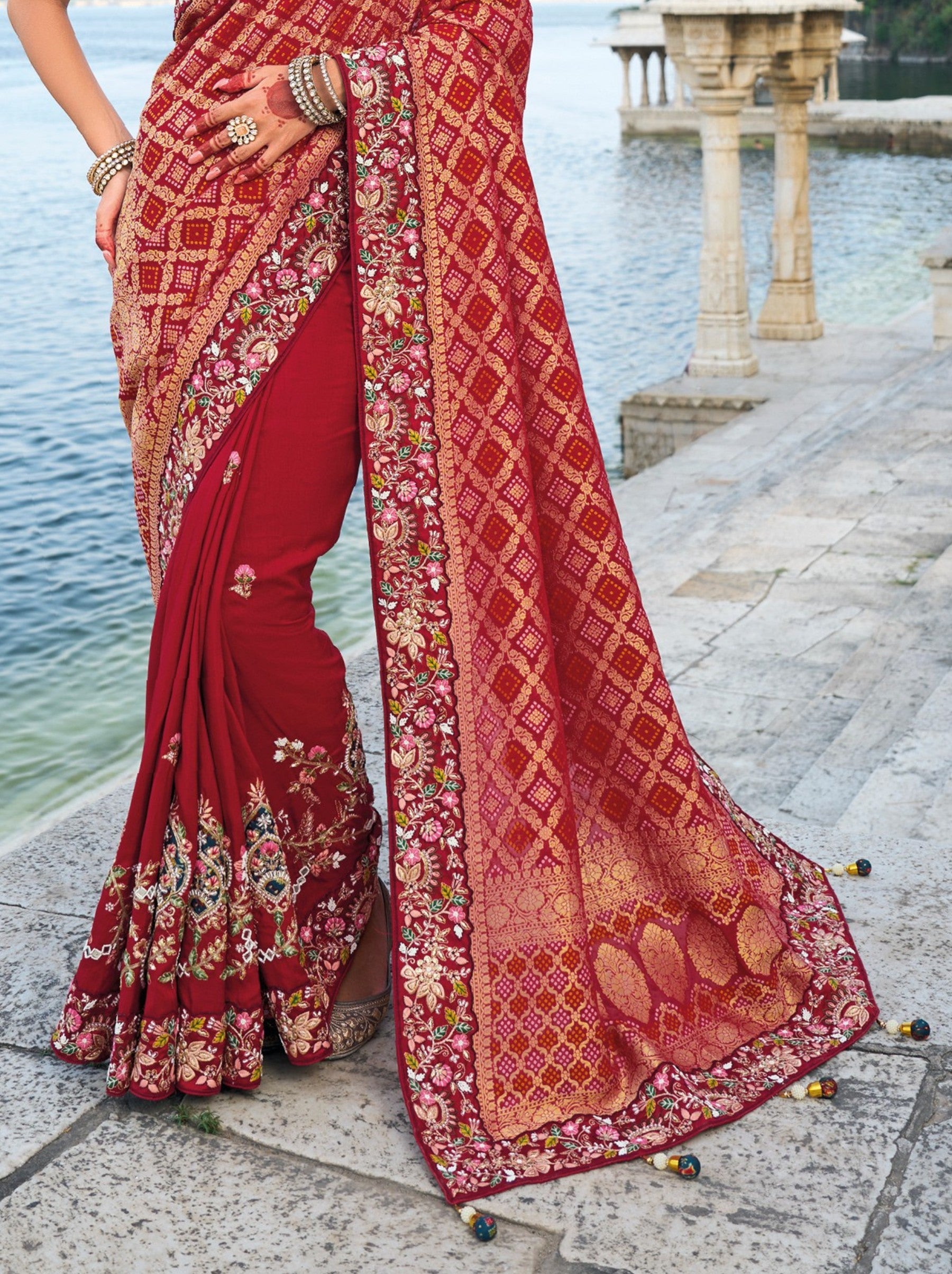 Burgundy Red Wedding Designer Saree - TrendOye
