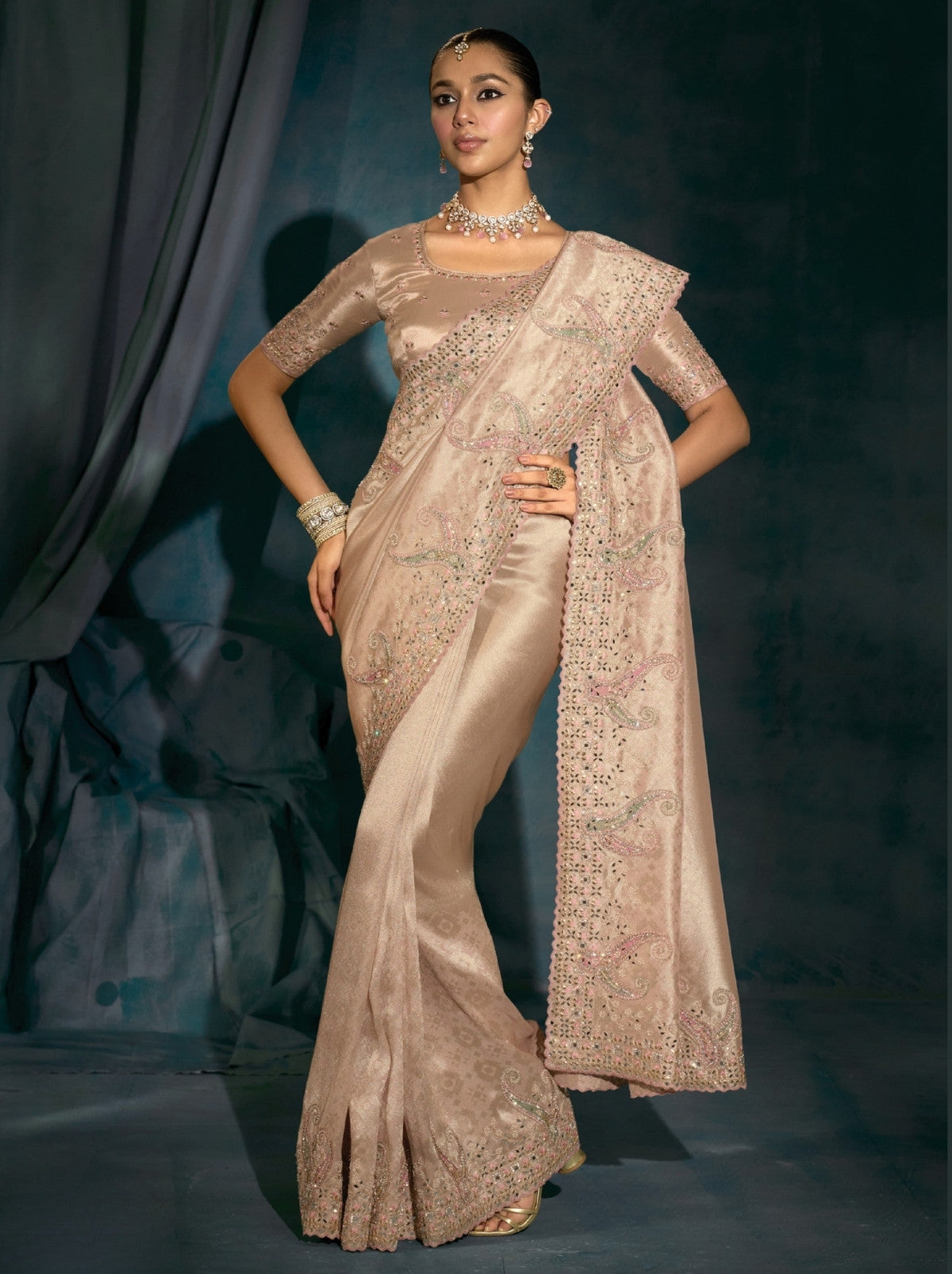 Rose Gold Wedding Designer Soft Silk Saree With Blouse Piece