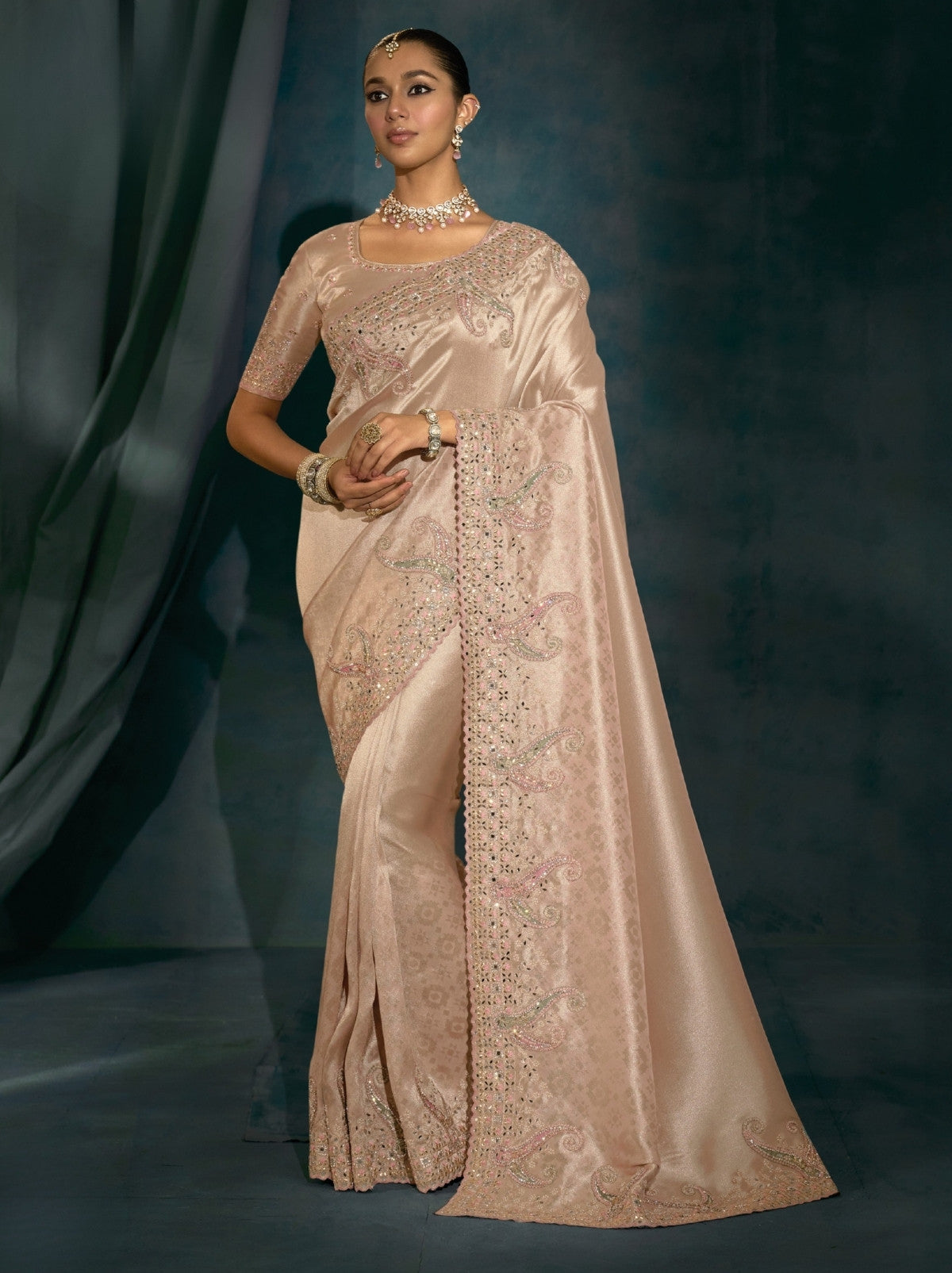 Rose Gold Wedding Designer Soft Silk Saree With Blouse Piece