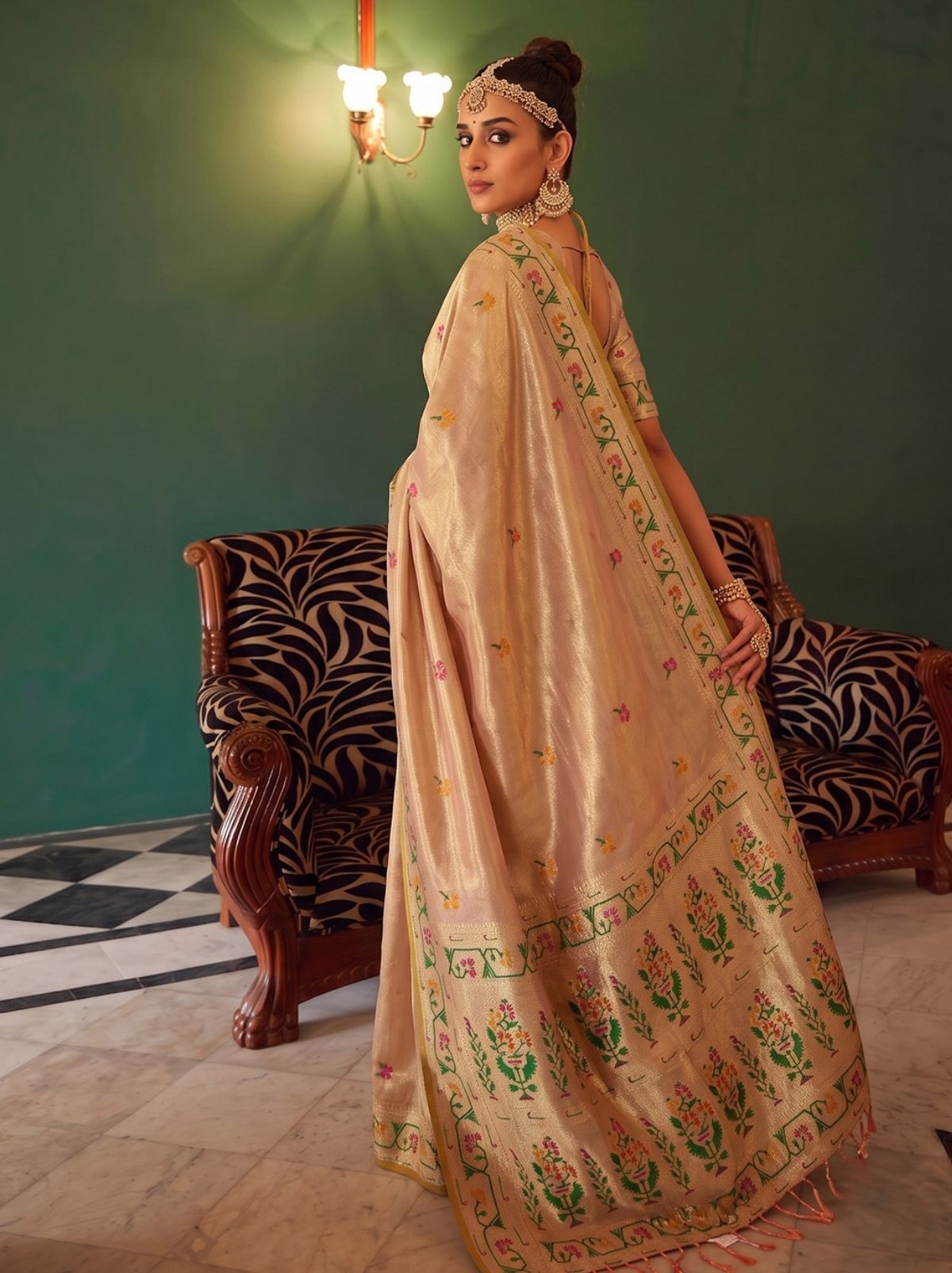 Rose Gold Opulent Tissue Silk Saree with Soft Gold Zari Work