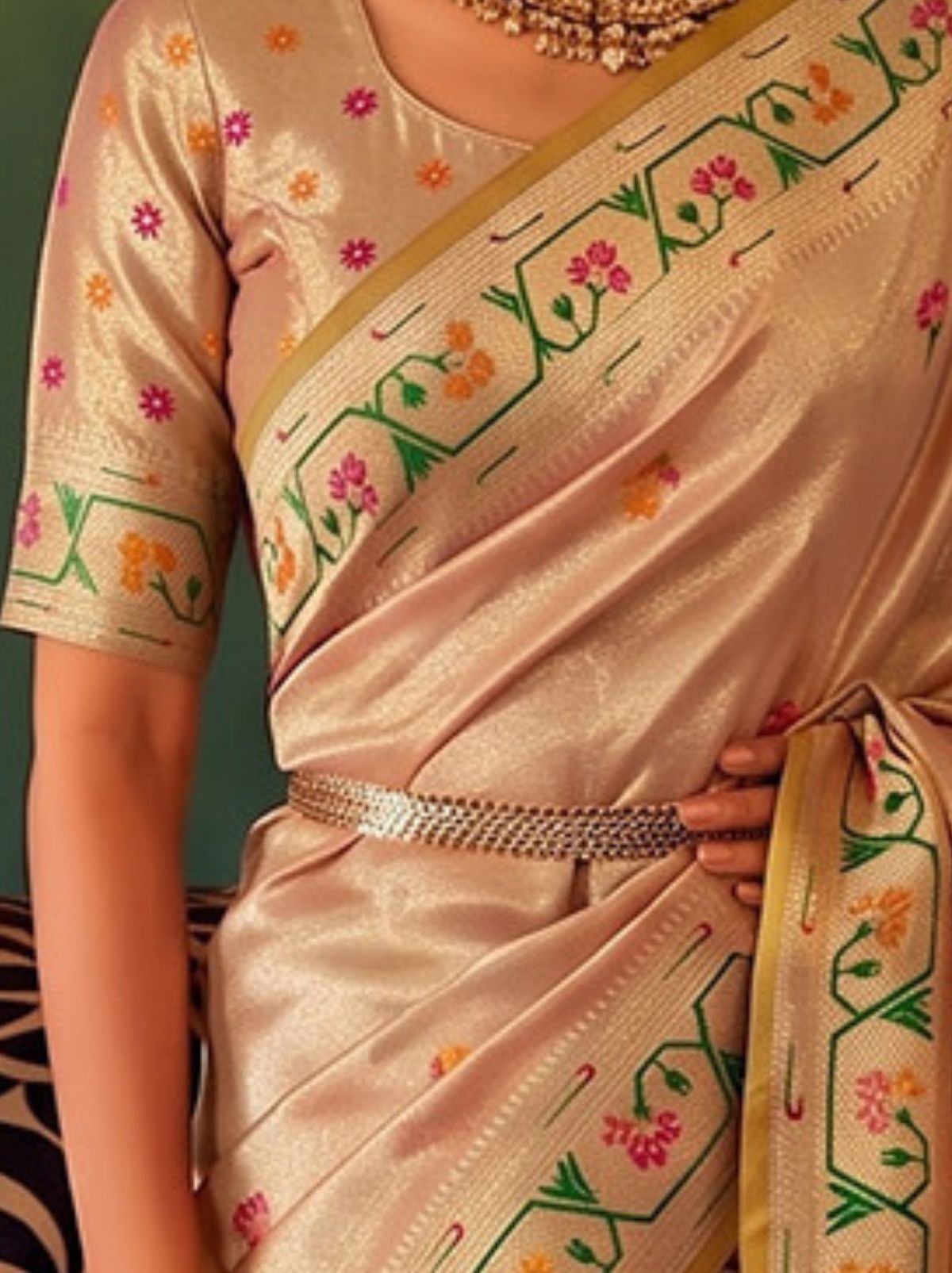 Rose Gold Opulent Tissue Silk Saree with Soft Gold Zari Work