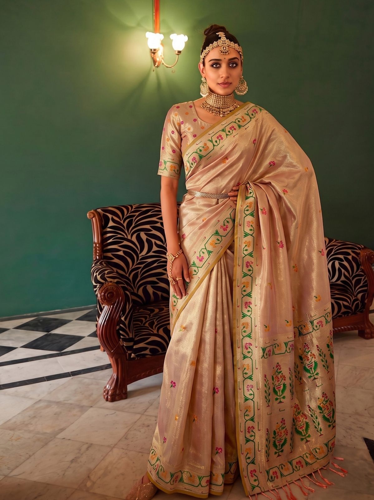 Rose Gold Opulent Tissue Silk Saree with Soft Gold Zari Work