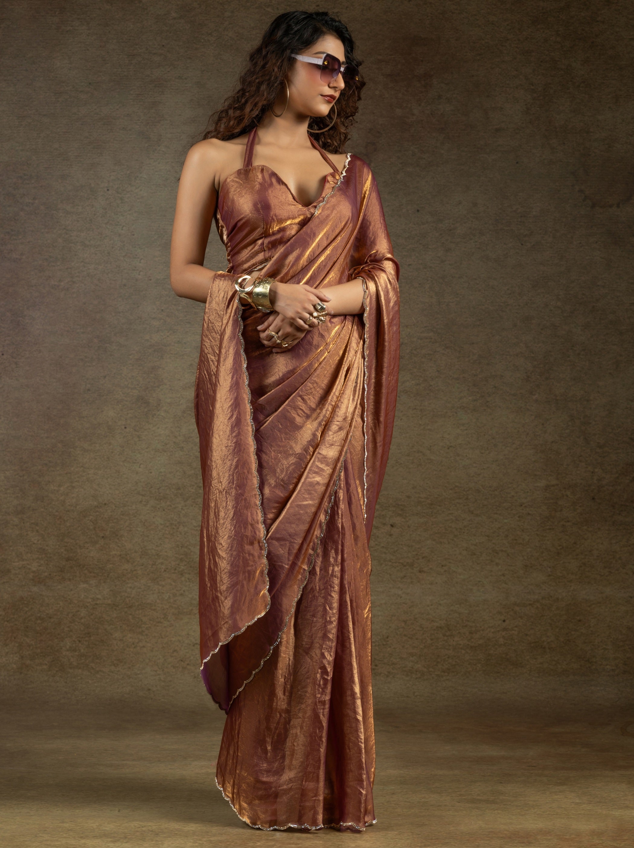 Rose Gold Designer Ready to Wear Party Saree With Stone Work