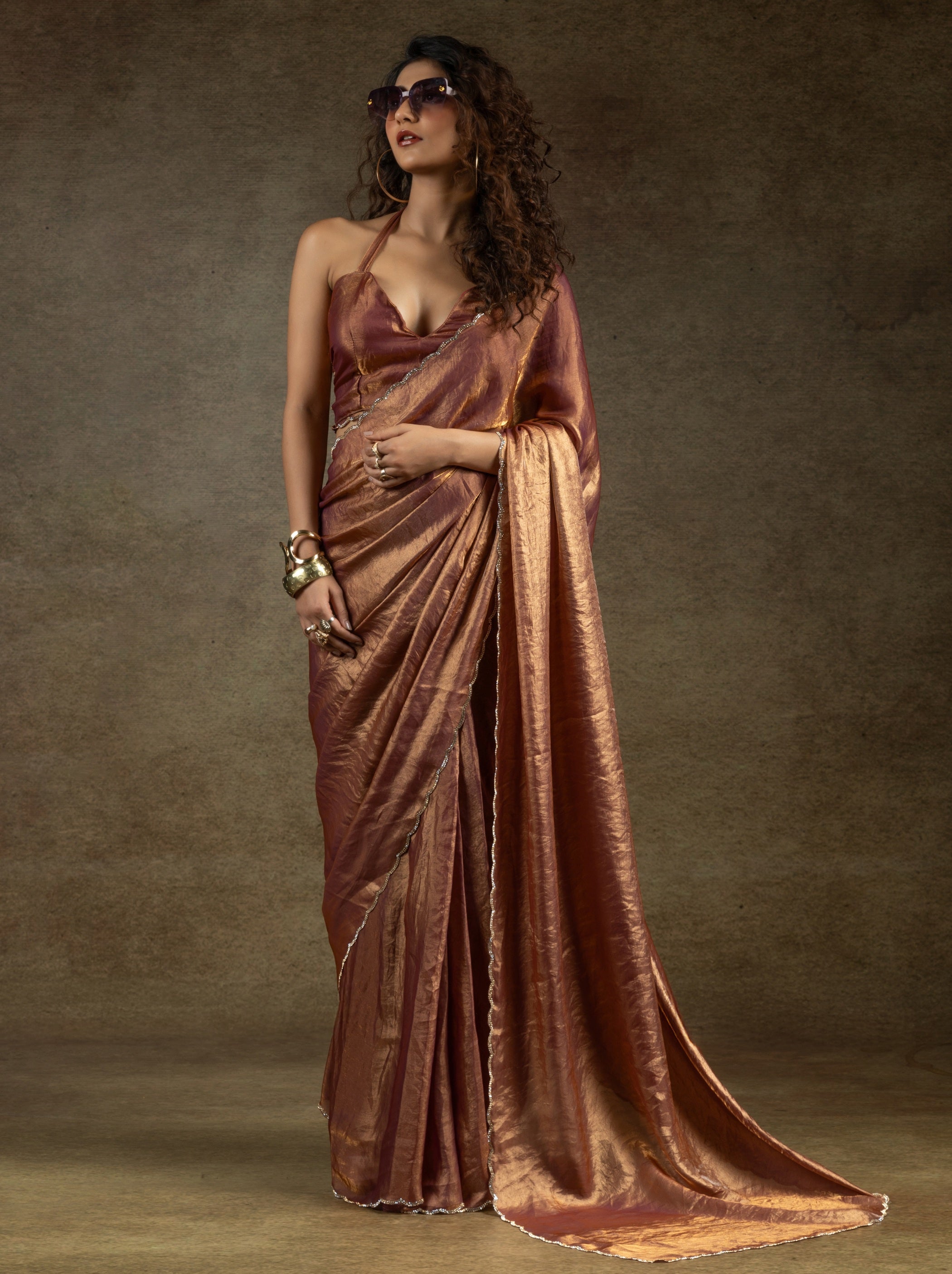 Rose Gold Designer Ready to Wear Party Saree With Stone Work