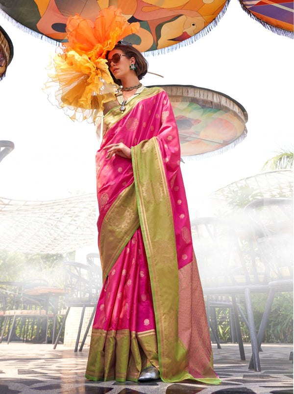 Ruby Pink Dual Tone Katan Designer Saree - TrendOye