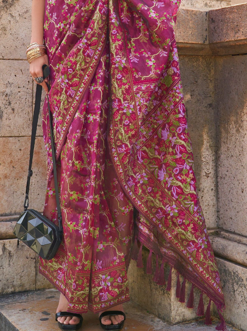 Ruby Pink Premium Organza Designer Saree