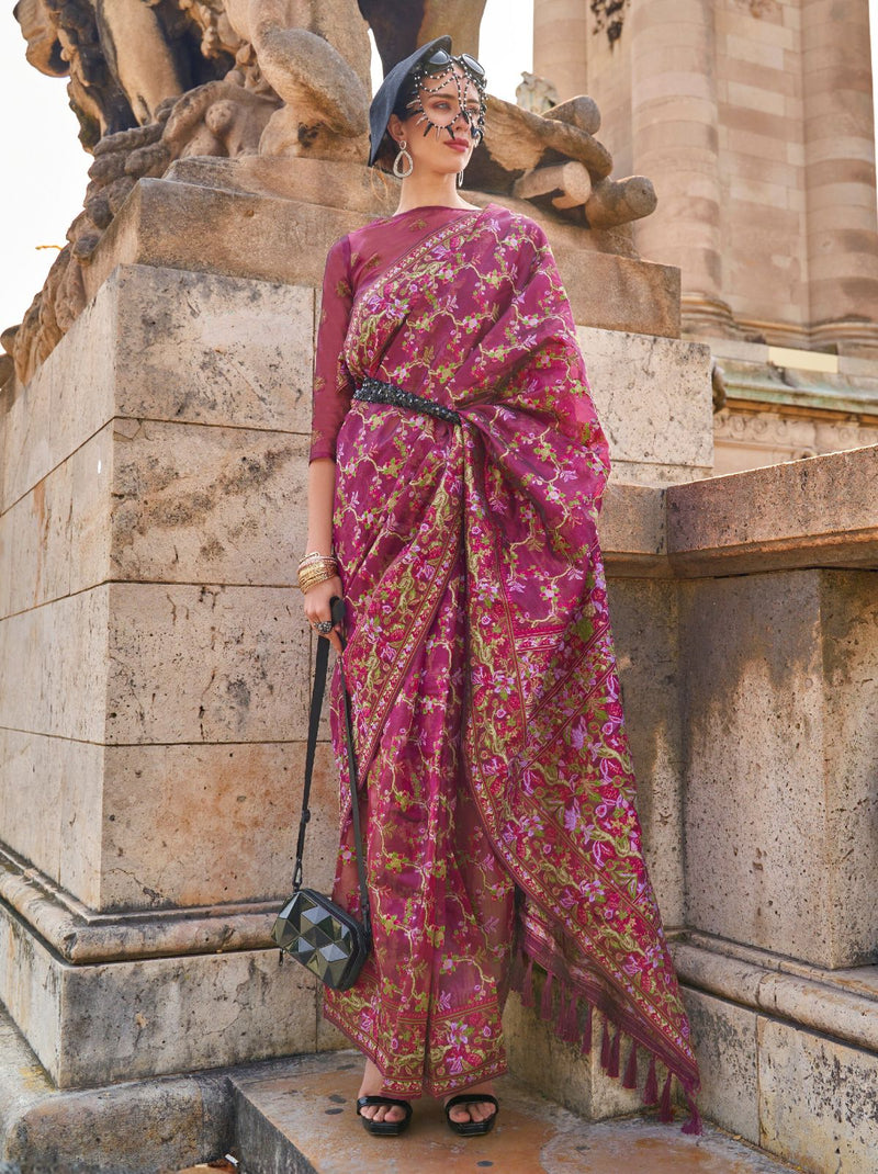 Ruby Pink Premium Organza Designer Saree - TrendOye