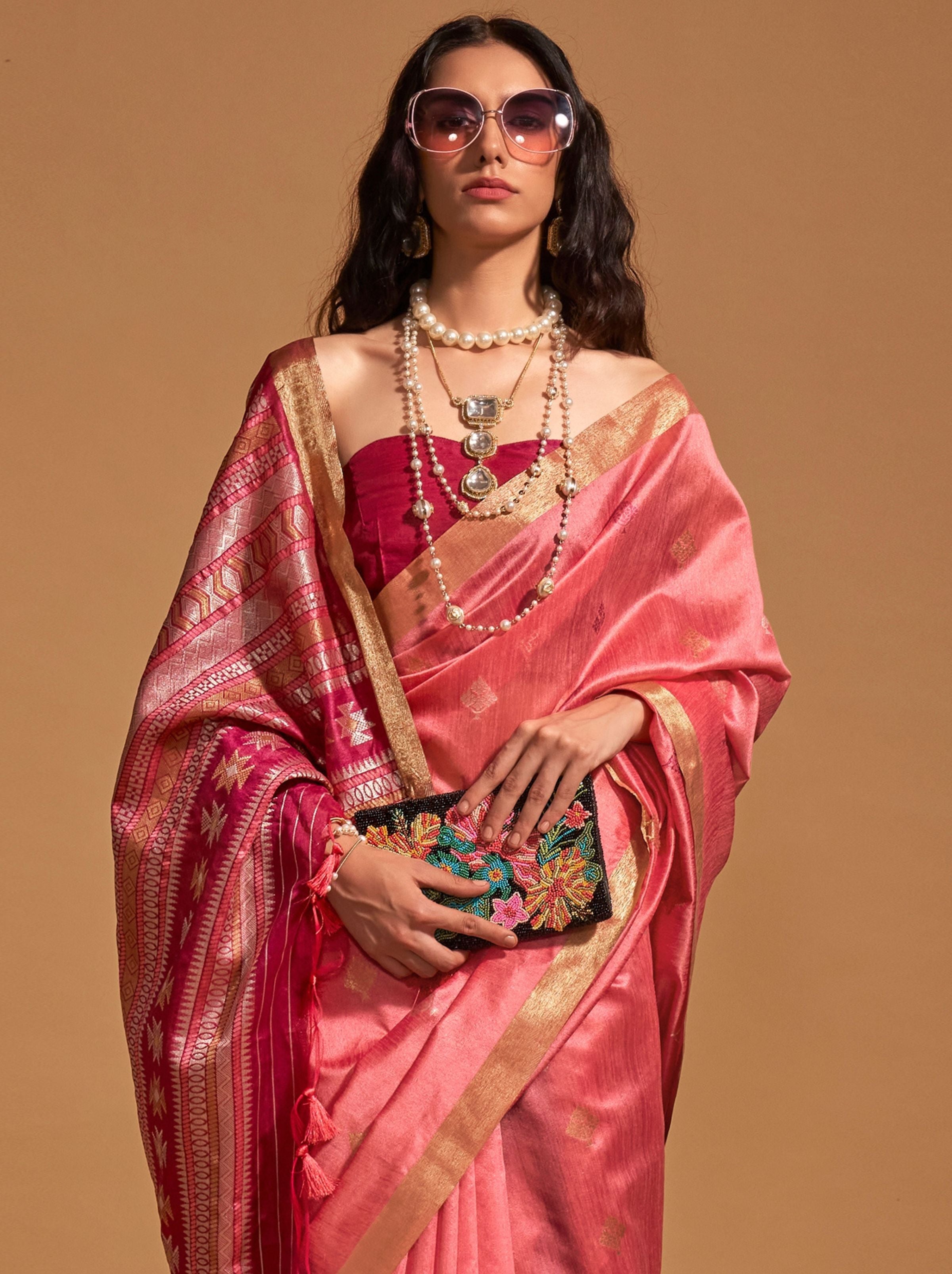 Creamy Pink Designer  Silk Blended Saree - TrendOye