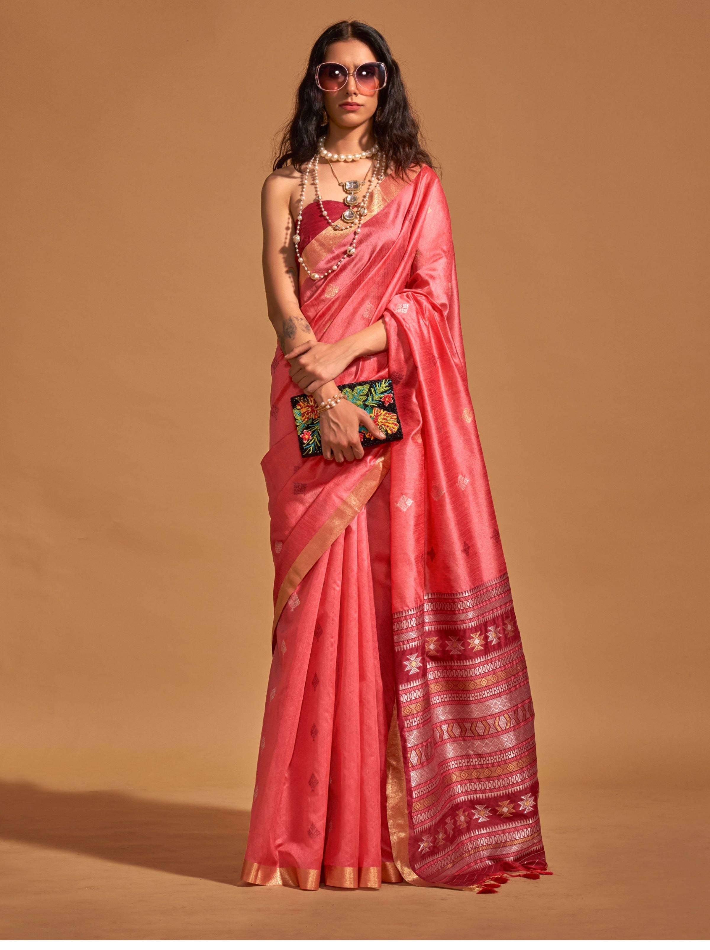 Creamy Pink Designer  Silk Blended Saree - TrendOye