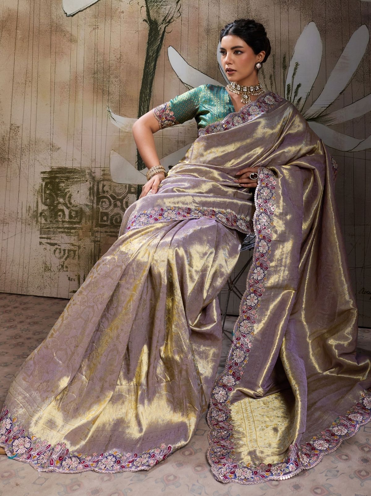 Metallic Silver Banarasi Silk Celebration Saree With Blouse Piece