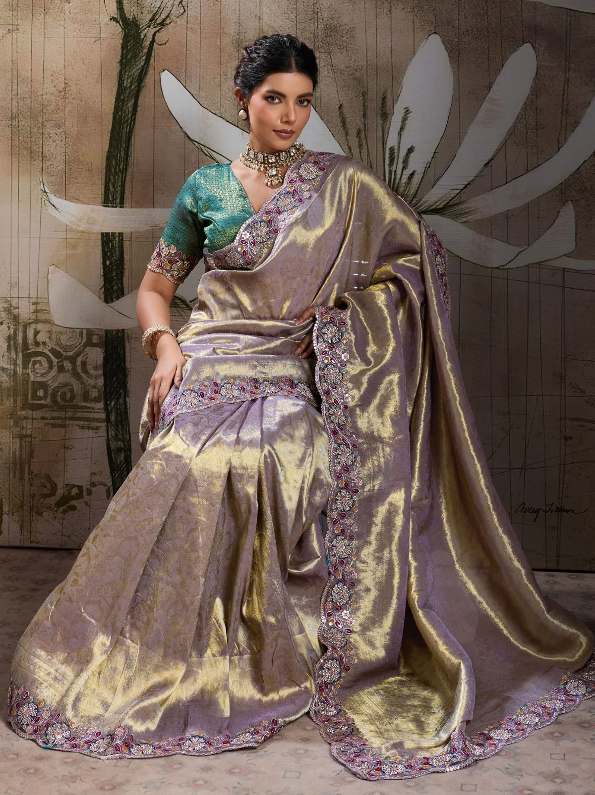 Metallic Silver Banarasi Silk Celebration Saree With Blouse Piece