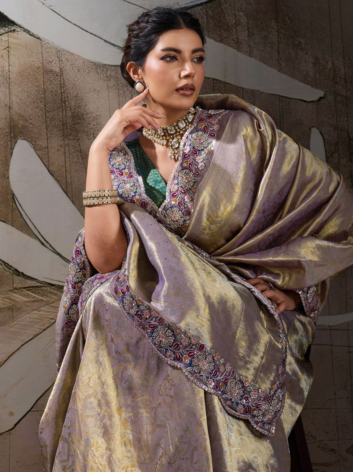 Metallic Silver Banarasi Silk Celebration Saree With Blouse Piece