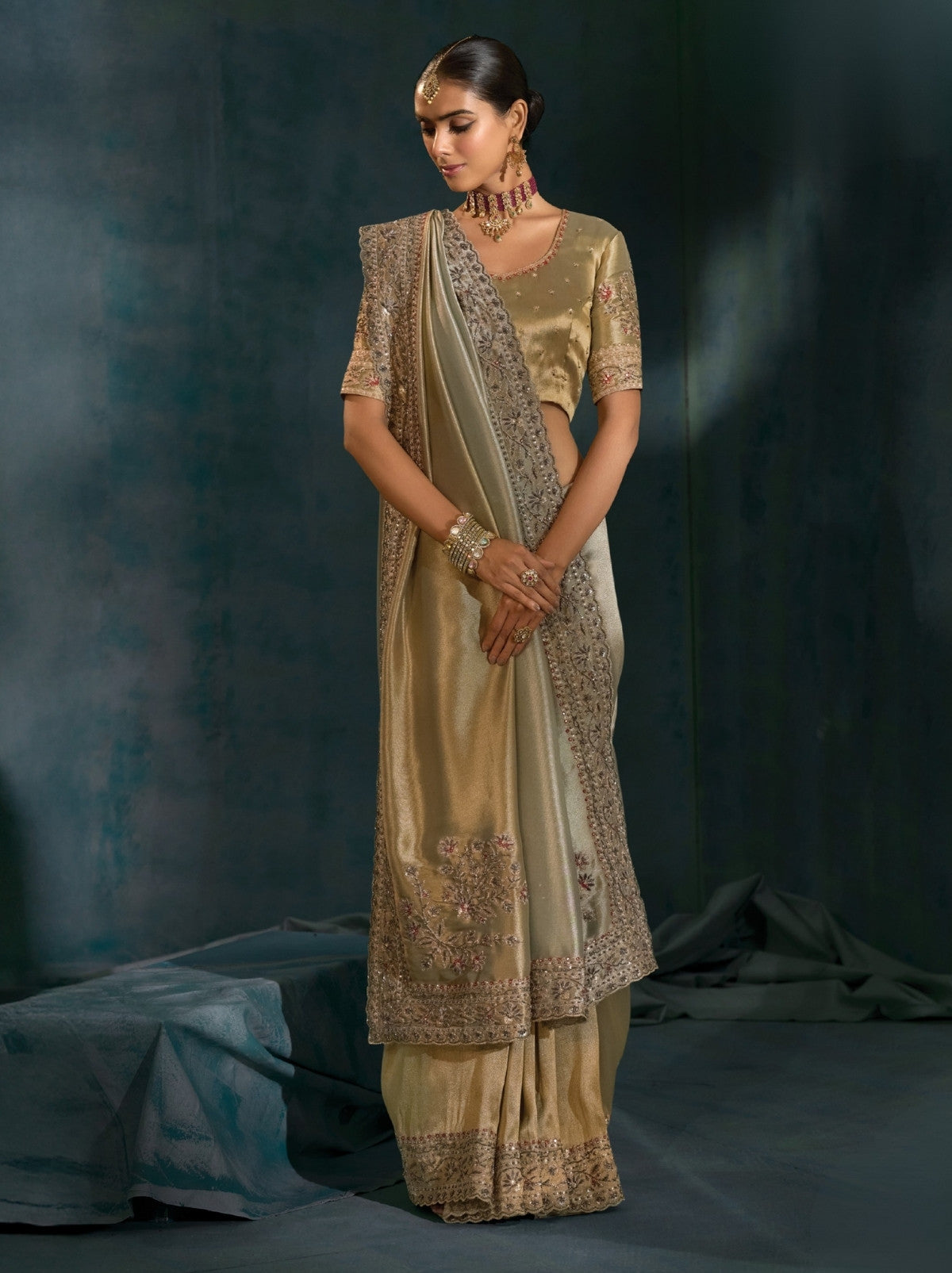 Metallic Silver Wedding Designer Soft Silk Saree With Blouse Piece