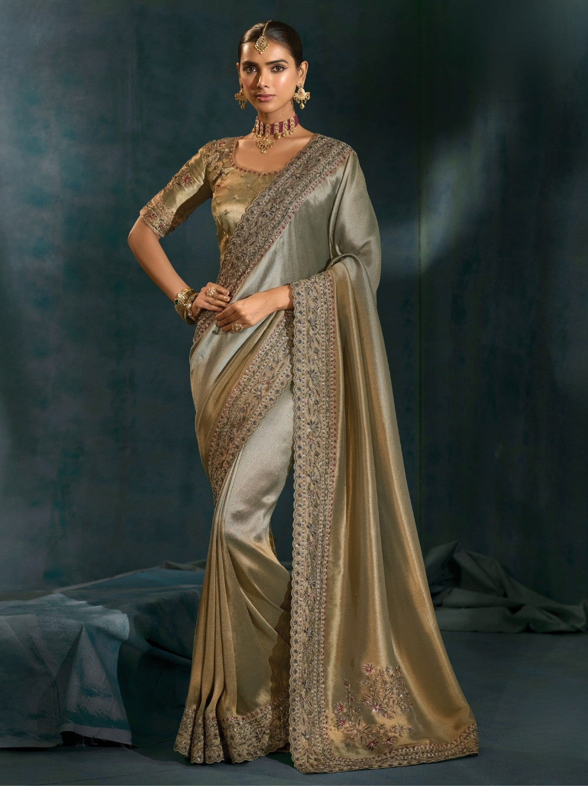 Metallic Silver Wedding Designer Soft Silk Saree With Blouse Piece