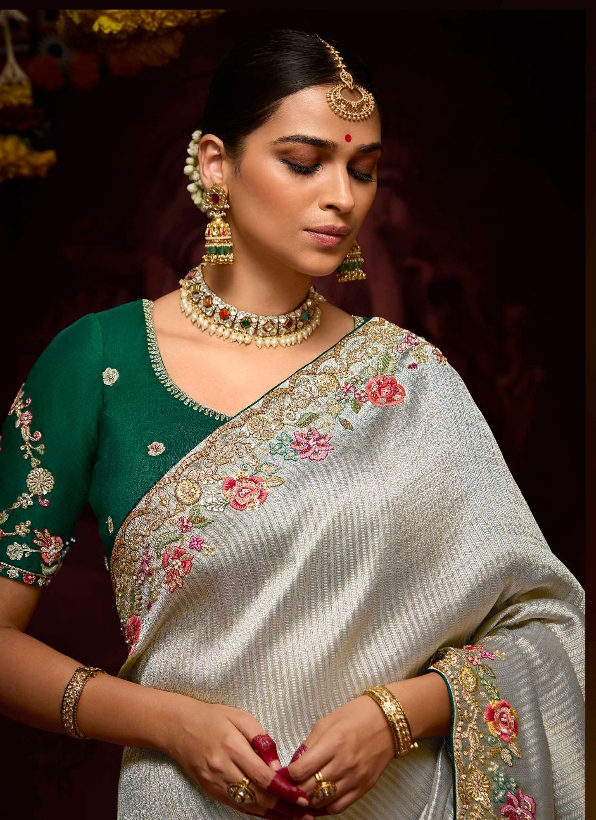 Silver Luxury Banarasi Kanjivaram Saree with Embroidery - TrendOye