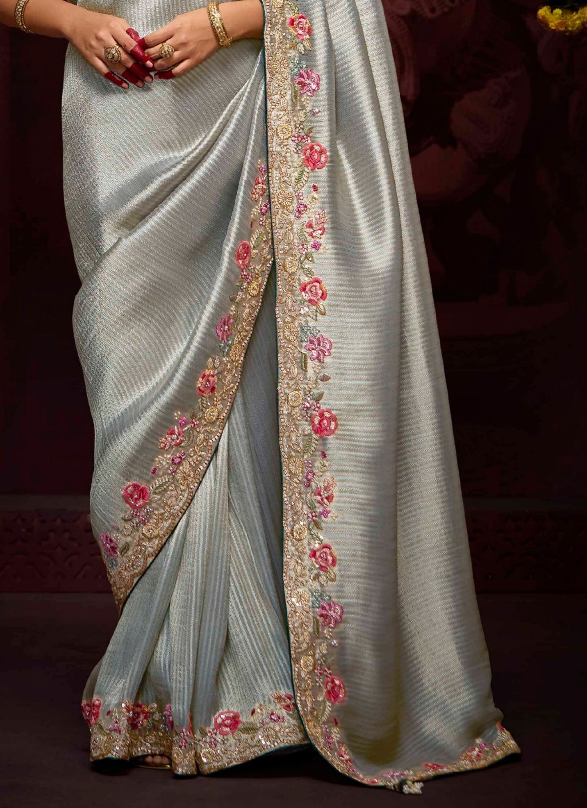 Silver Luxury Banarasi Kanjivaram Saree with Embroidery - TrendOye