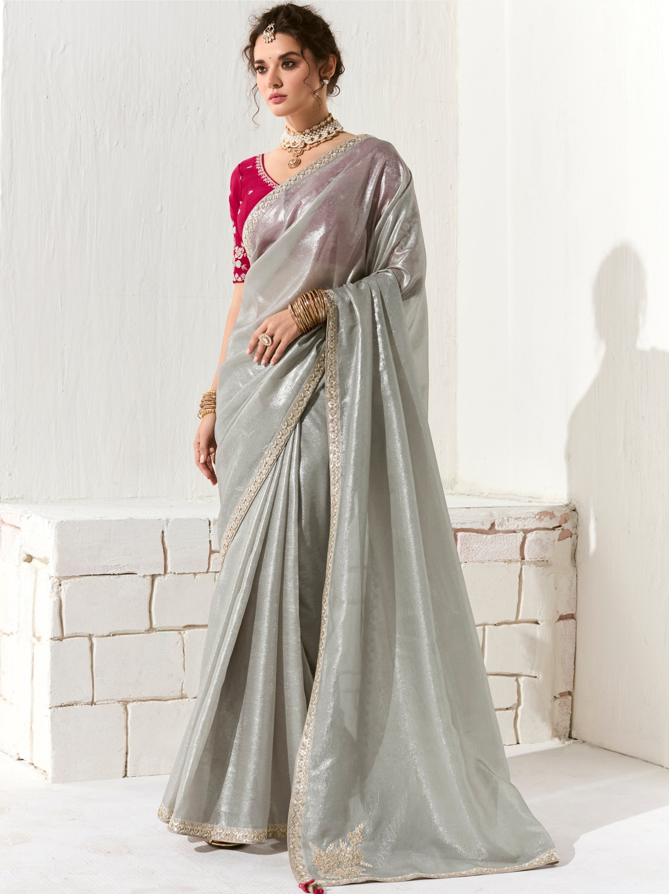 Silver Organza Tissue Ethnic Saree With Embroidered Border
