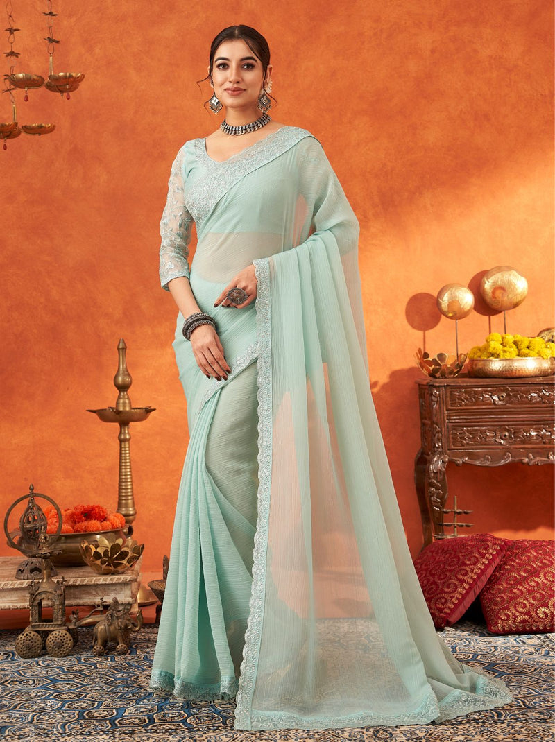 Sky Blue Premium Ethnic Designer Saree - TrendOye