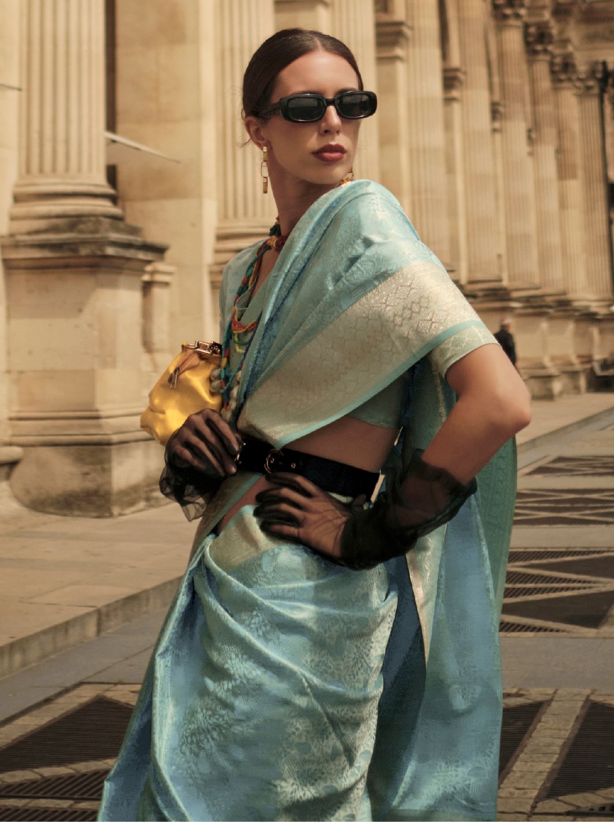 Sky Blue Fine Satin Silk Party Saree - TrendOye