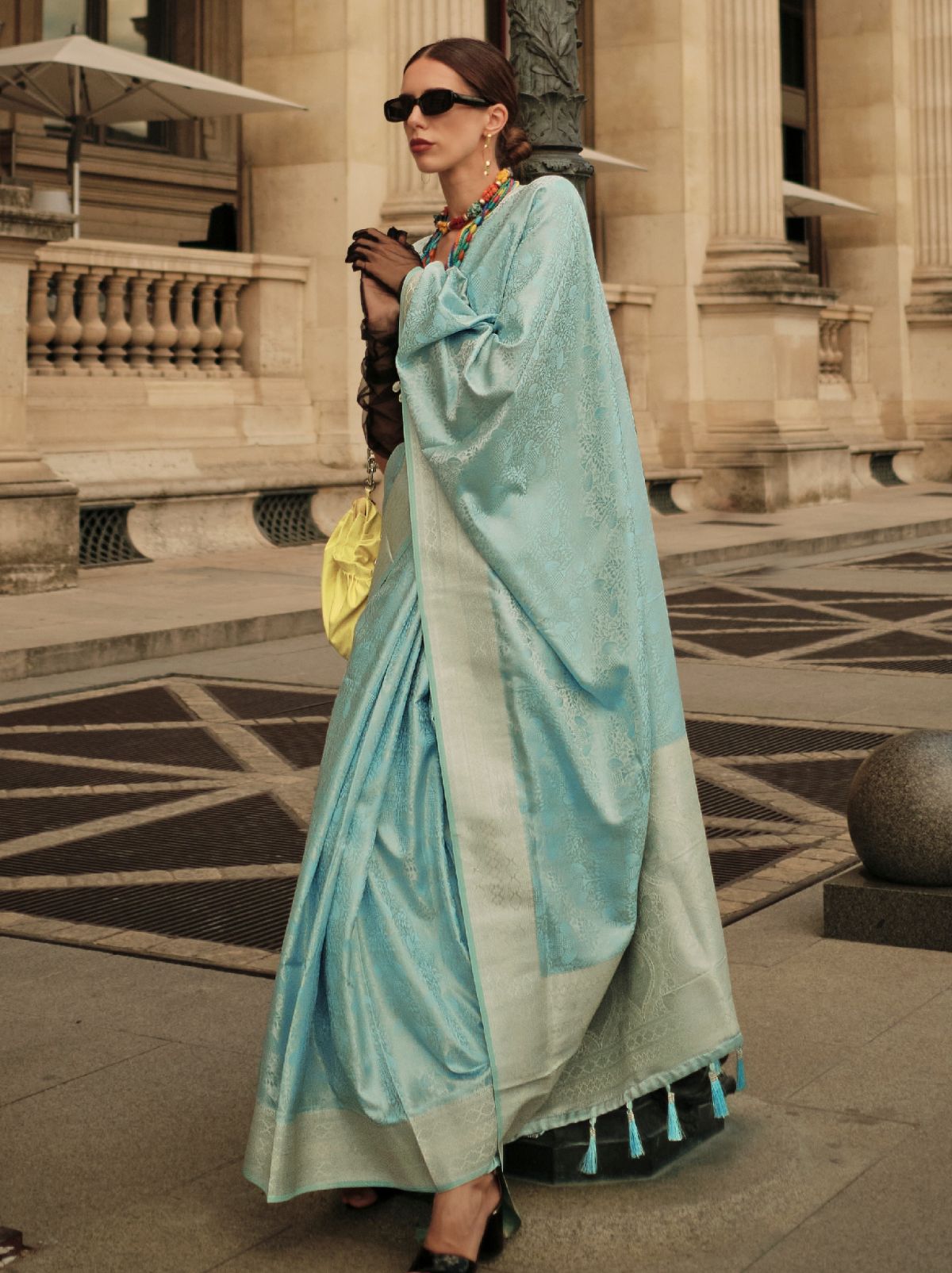 Sky Blue Fine Satin Silk Party Saree - TrendOye