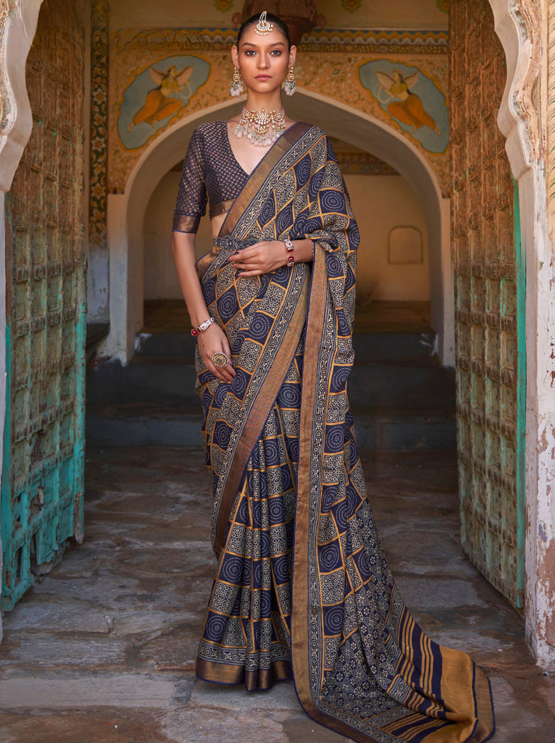 Space Blue Ajrakh Brasso Designer Saree - TrendOye