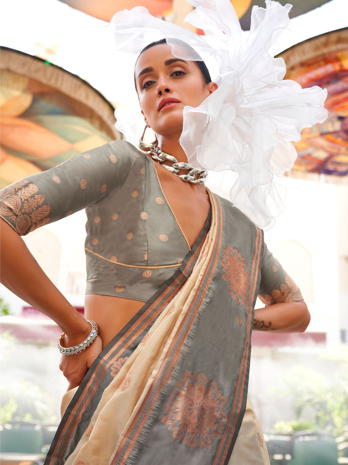 Tropical Peach Dual Tone Katan Designer Saree - TrendOye