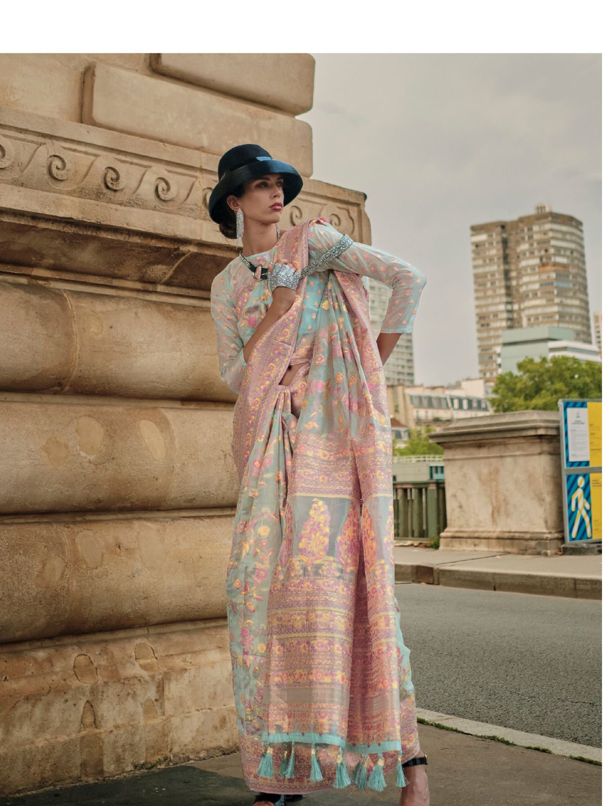 Turquoise Organza Kashmiri Designer Handloom Silk Saree - TrendOye