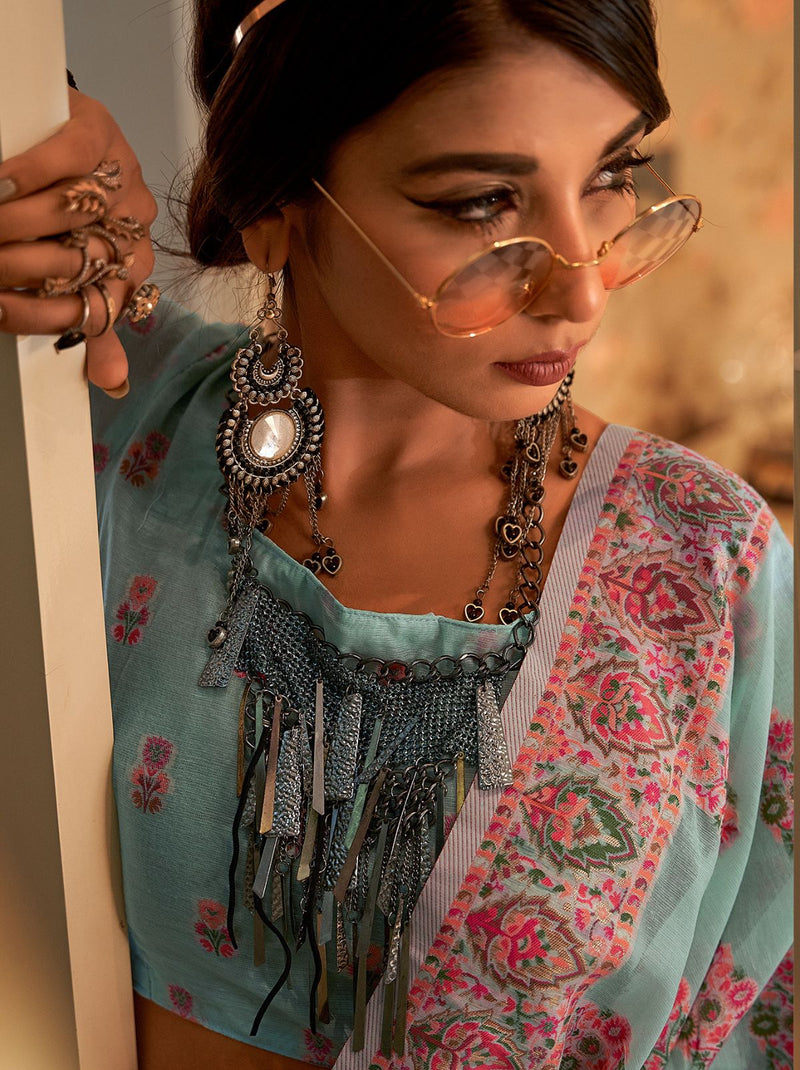Turquoise Pashmina Silk Saree With Colorful Woven Motifs - TrendOye