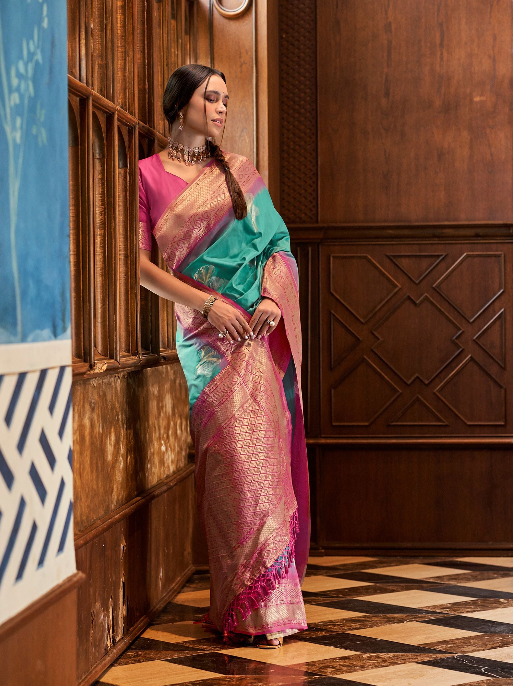 Dark Turquoise Blue Zari Woven Silk Wedding Saree - TrendOye