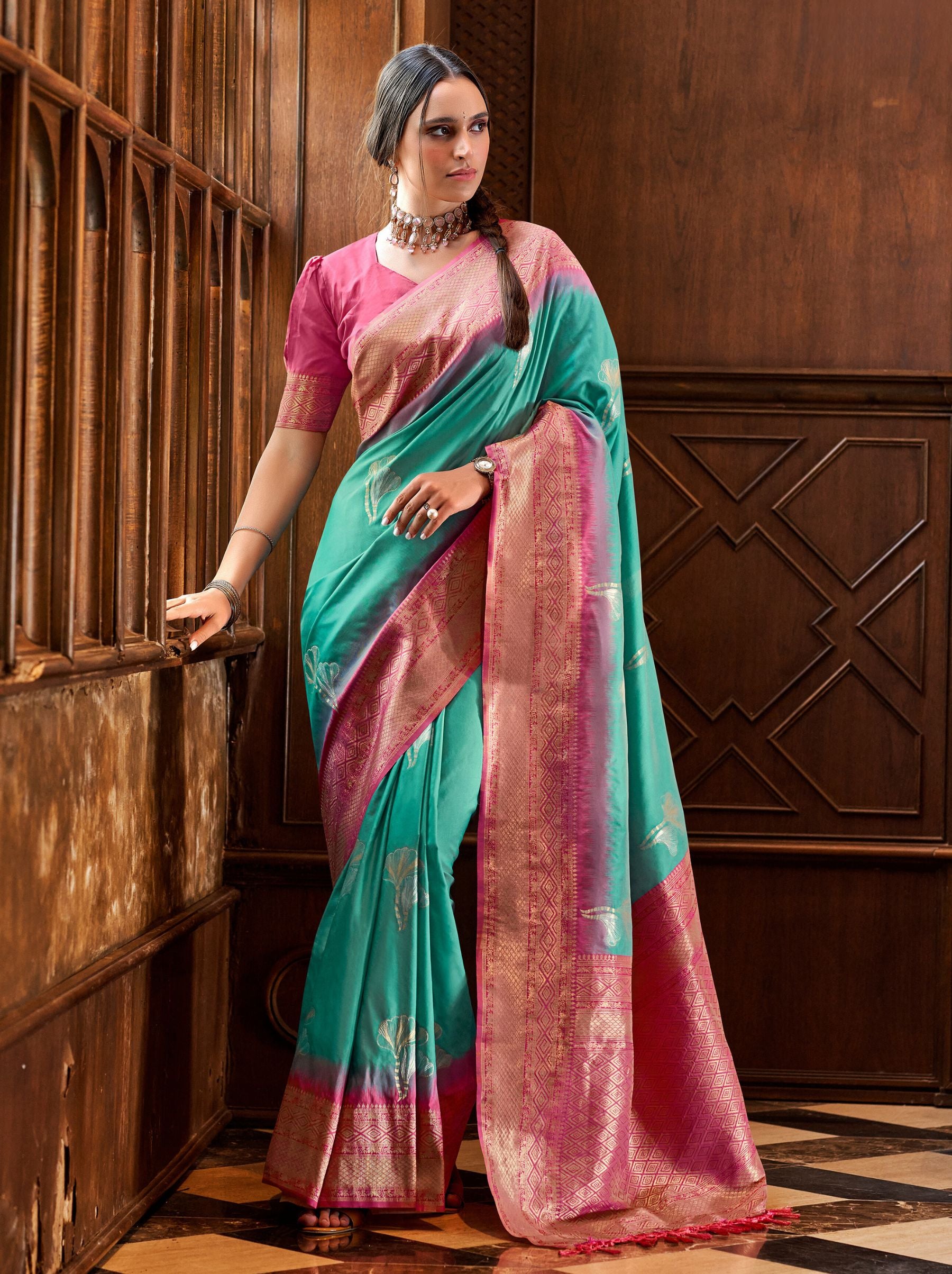 Dark Turquoise Blue Zari Woven Silk Wedding Saree - TrendOye