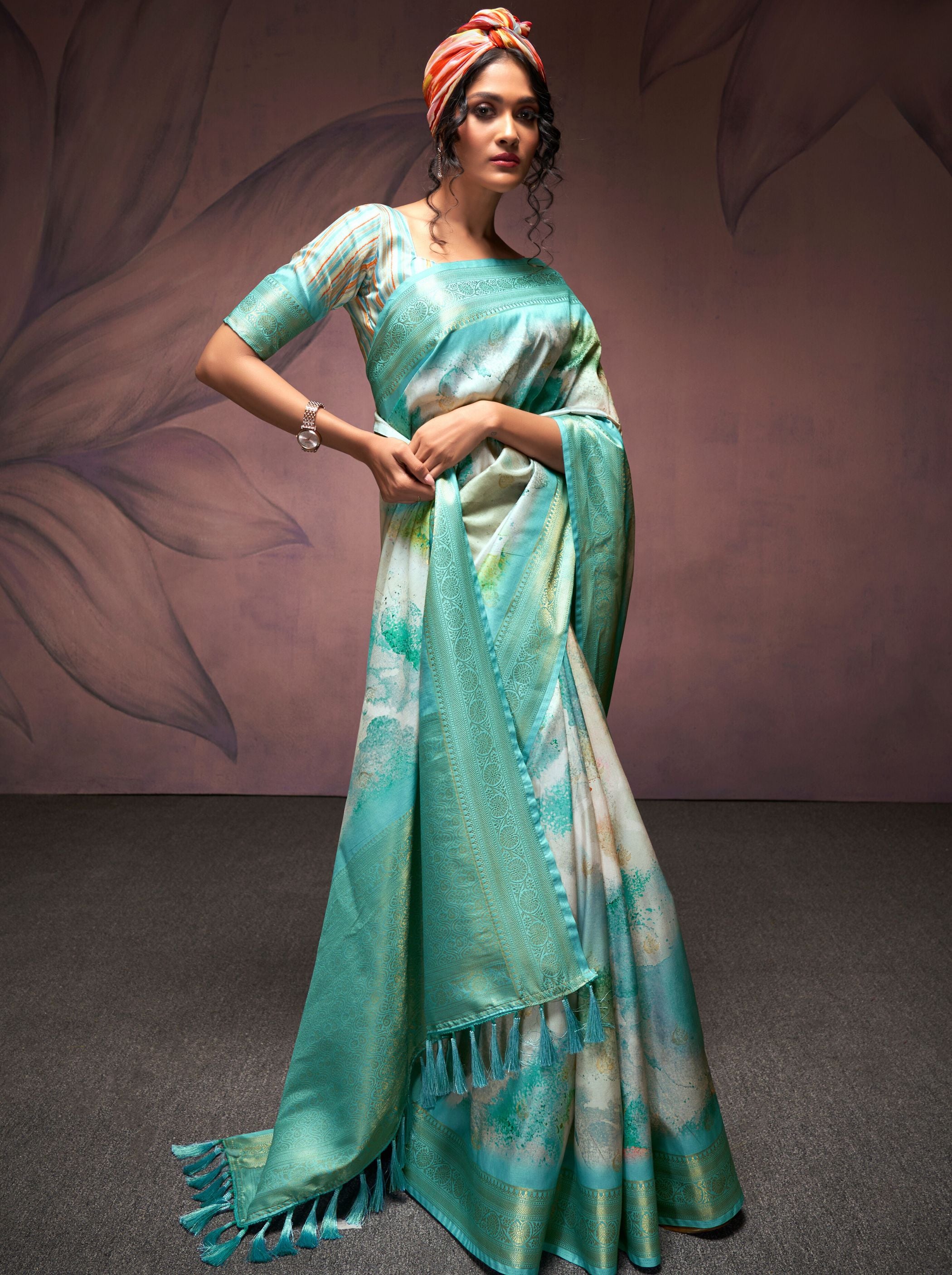 Turquoise Blue Silk Blended Saree - TrendOye