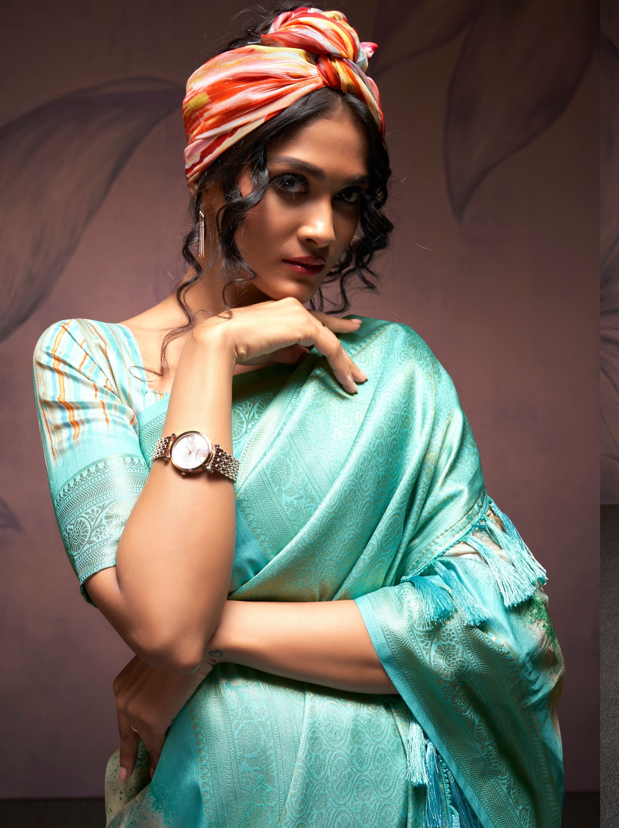 Turquoise Blue Silk Blended Saree - TrendOye
