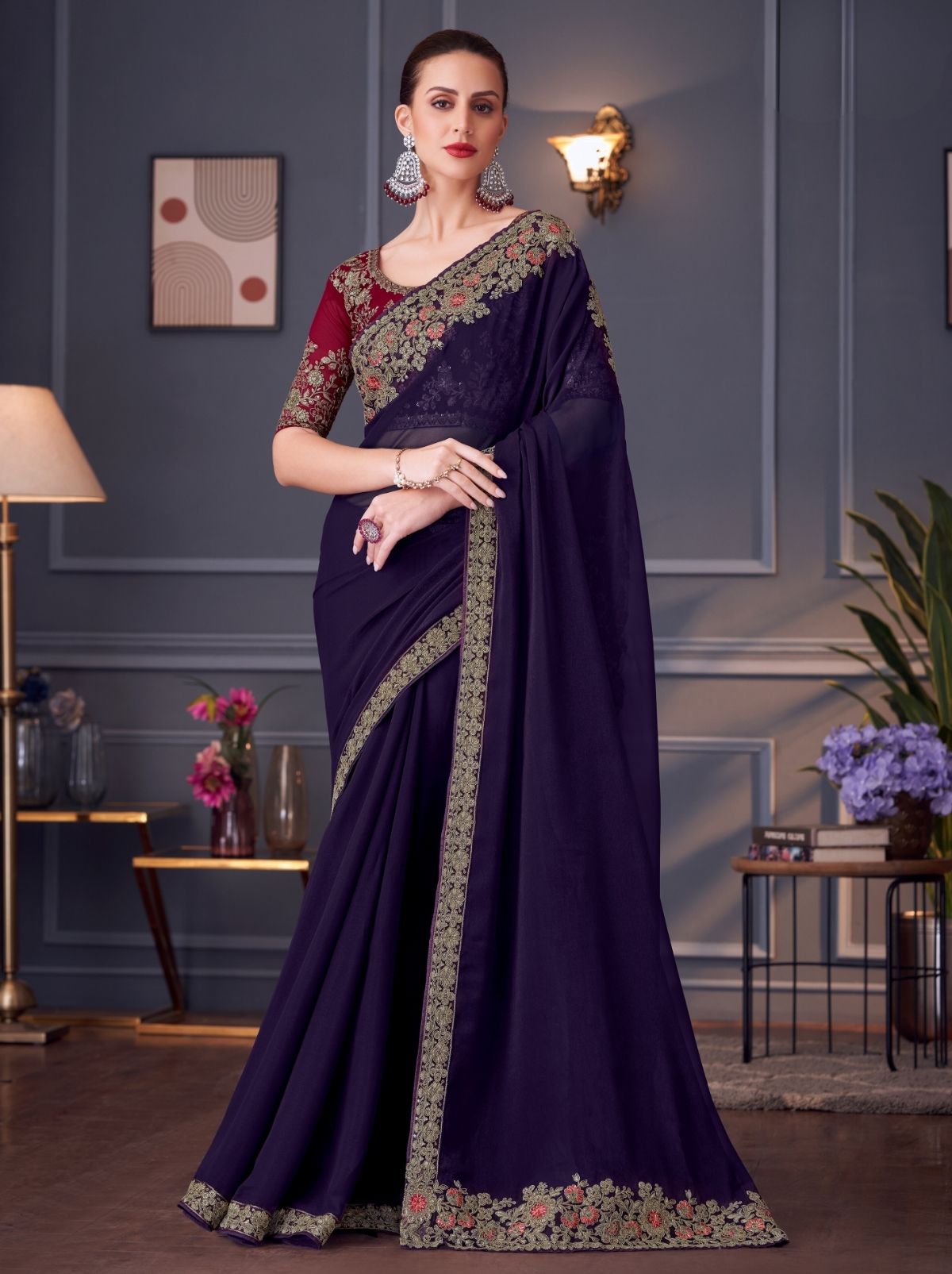 Grape Jelly Violet Party Designer Saree - TrendOye