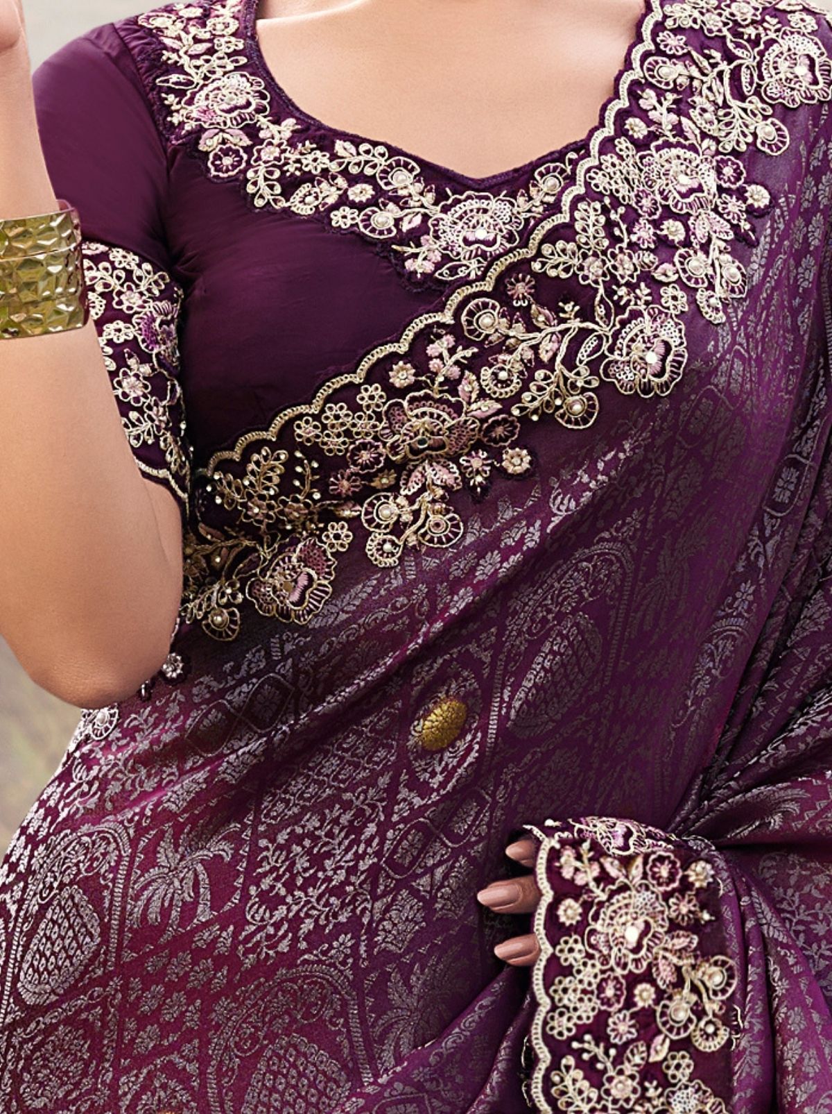 Byzantine Violet Premium Satin Silk Saree With Blouse Piece