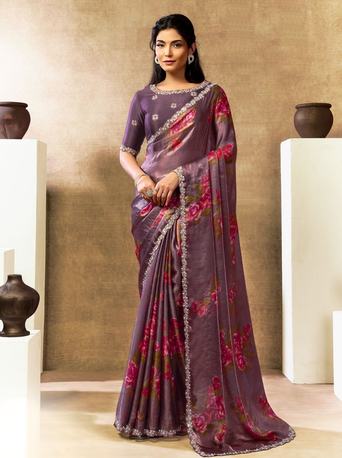 Plum Violet Premium Two Tone Satin Silk Saree WIth Blouse Piece - TrendOye
