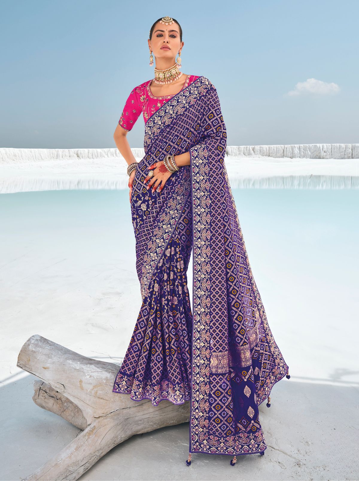 Grape Violet Wedding Designer Saree - TrendOye