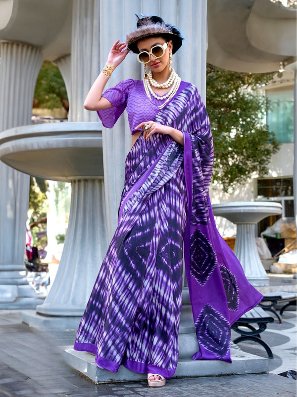 Purple Violet Premium Satin Designer Saree - TrendOye