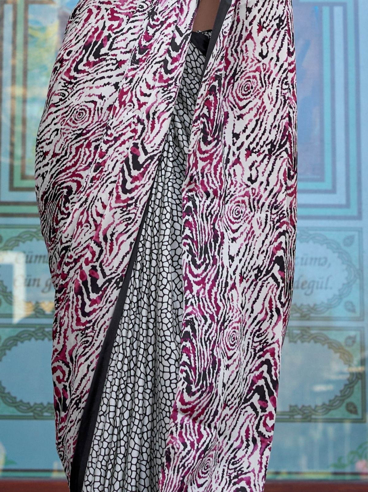Black White Premium Satin Designer Saree - TrendOye