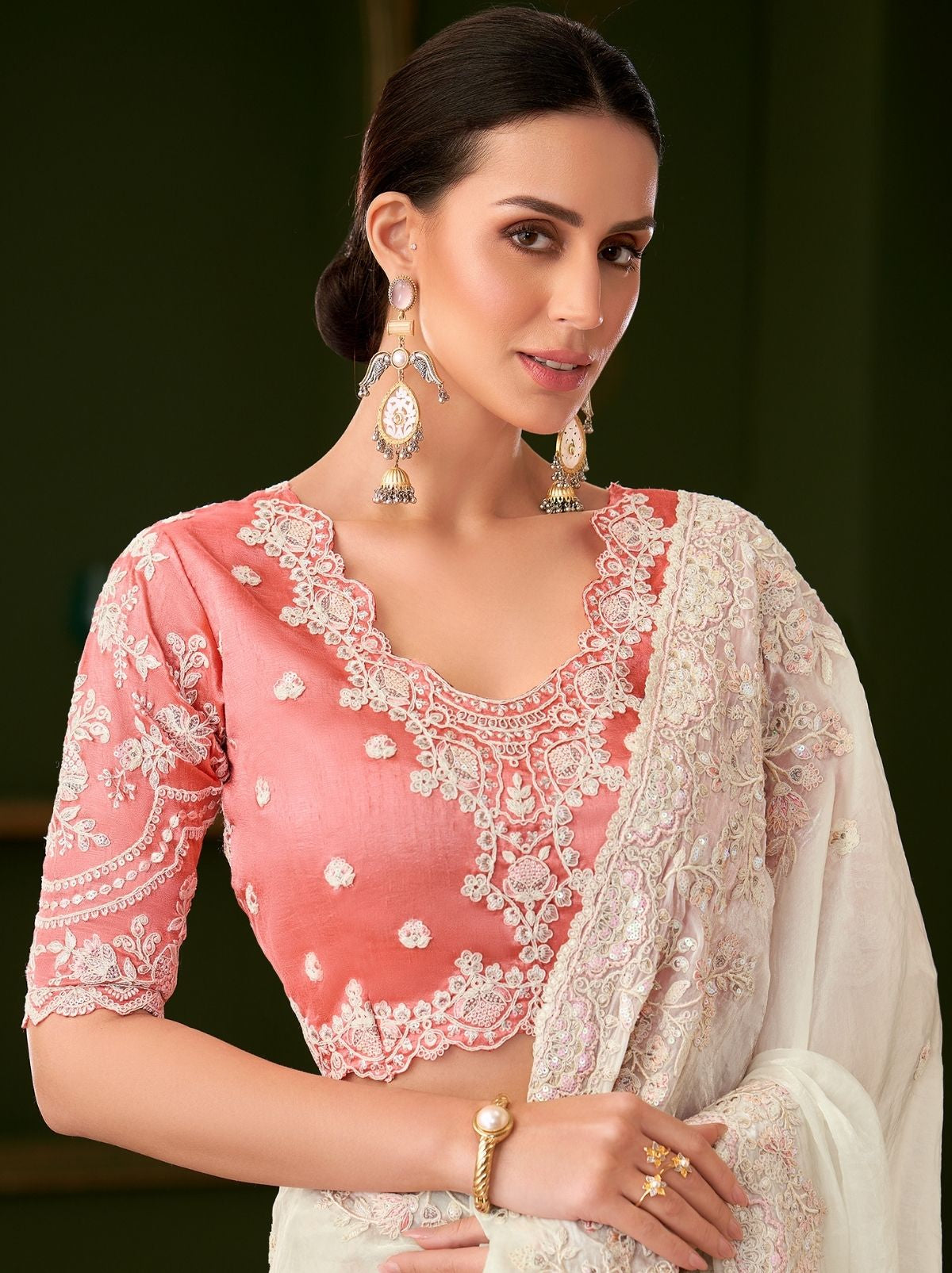 White Designer Georgette Silk Bridal Saree with Tassels