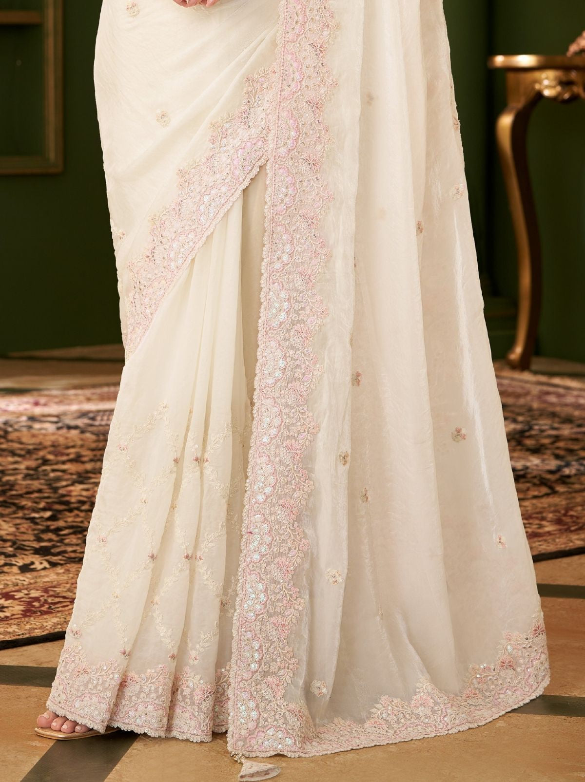 White Designer Georgette Silk Bridal Saree with Tassels