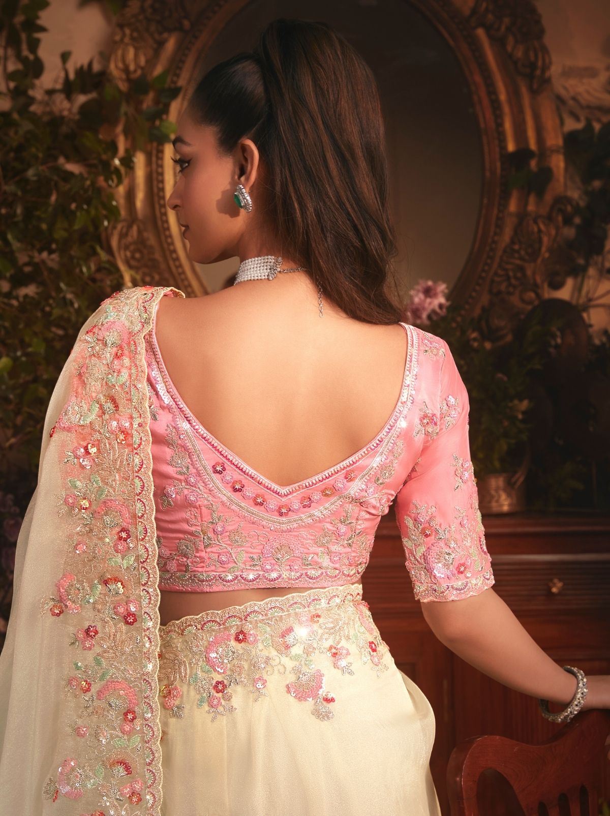 Cream Designer Tissue Organza Saree with Stone Work