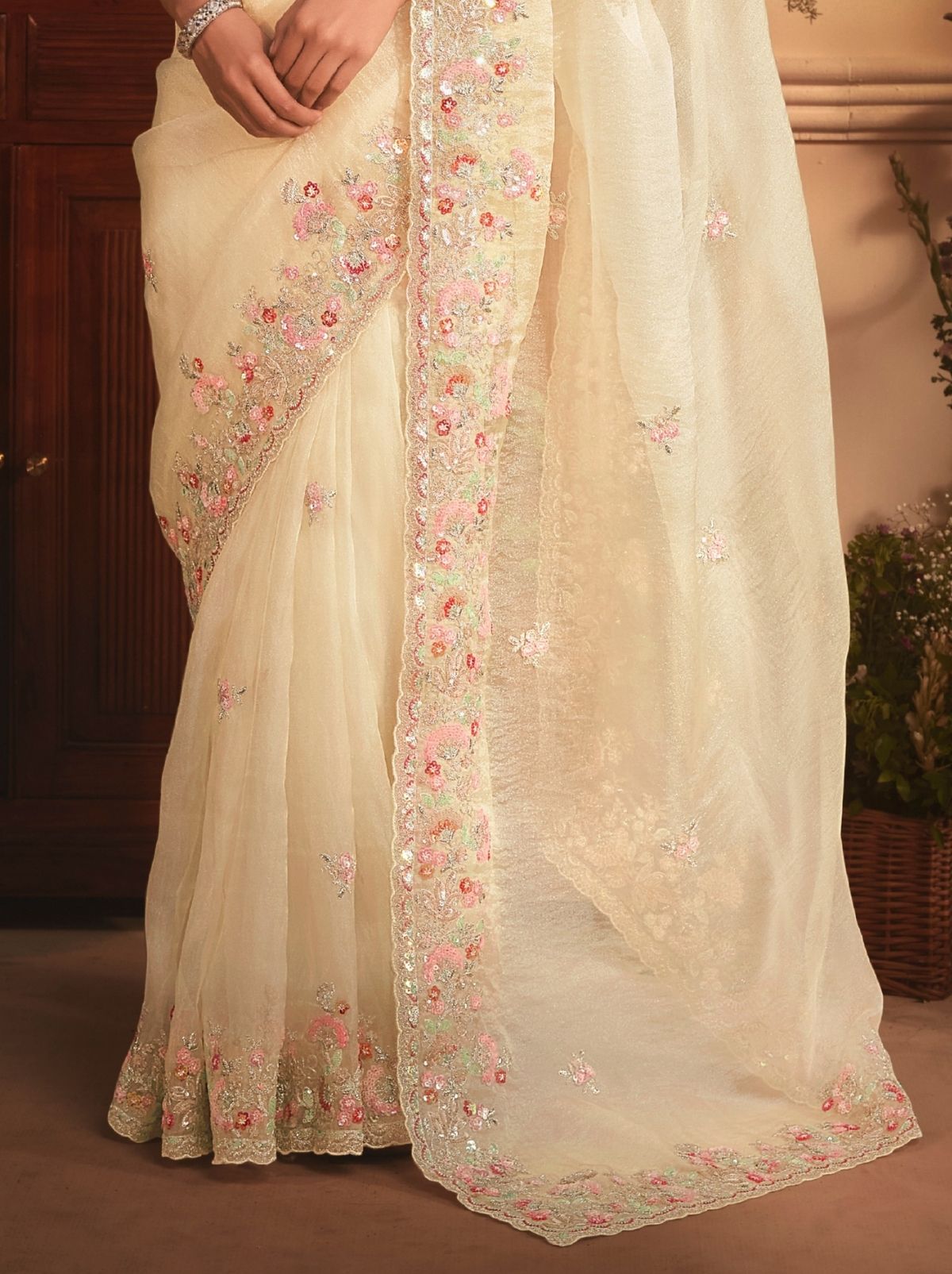 Cream Designer Tissue Organza Saree with Stone Work