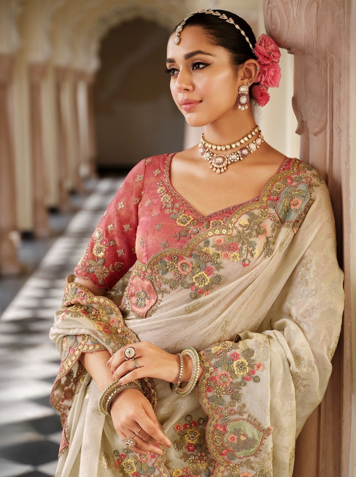 Off White Fine Soft Silk Saree with Heavy Embroidery Work - TrendOye
