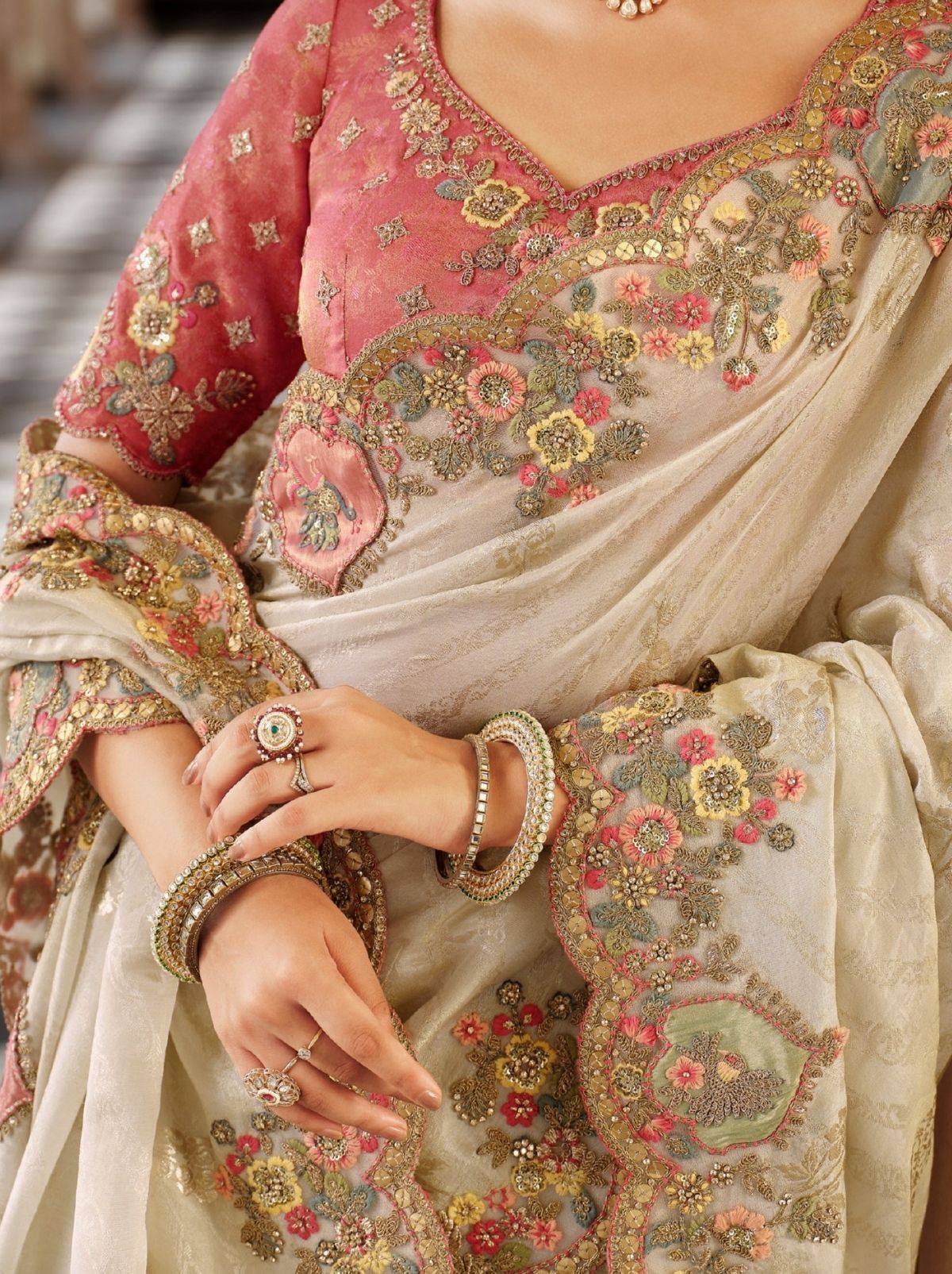 Off White Fine Soft Silk Saree with Heavy Embroidery Work - TrendOye