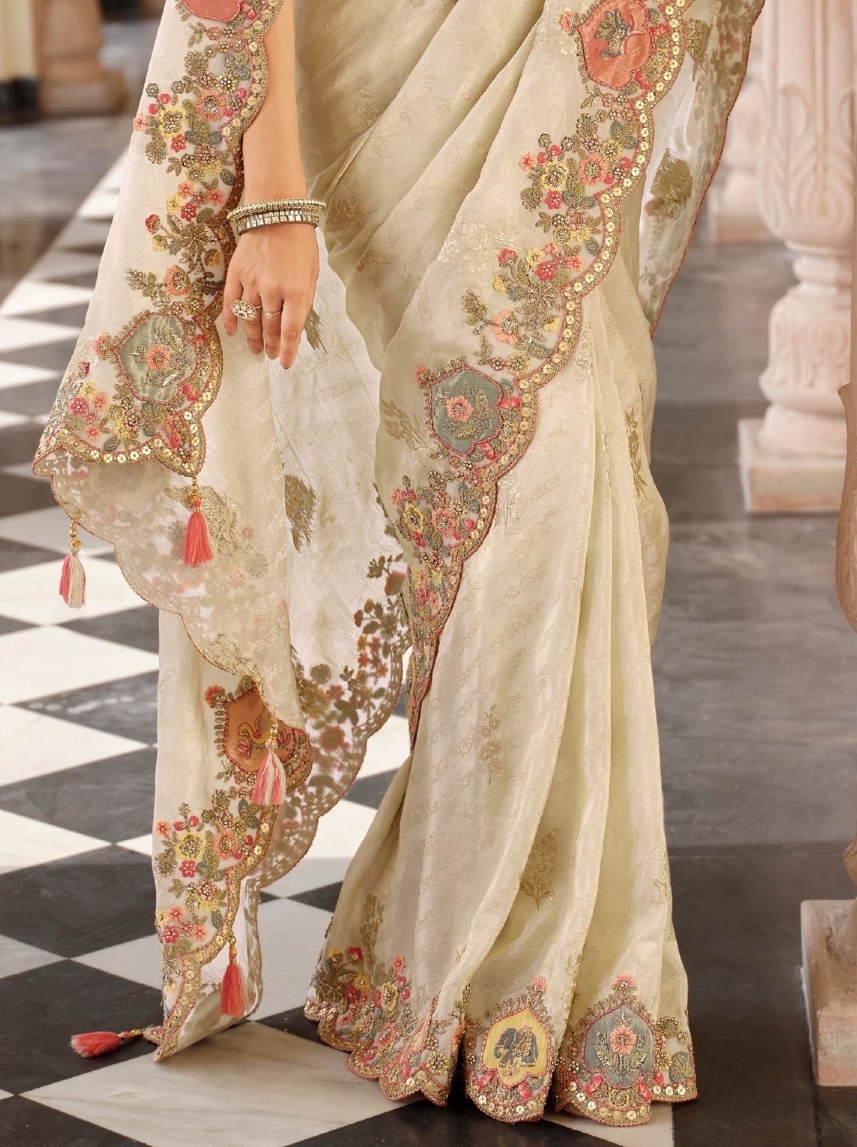 Off White Fine Soft Silk Saree with Heavy Embroidery Work - TrendOye