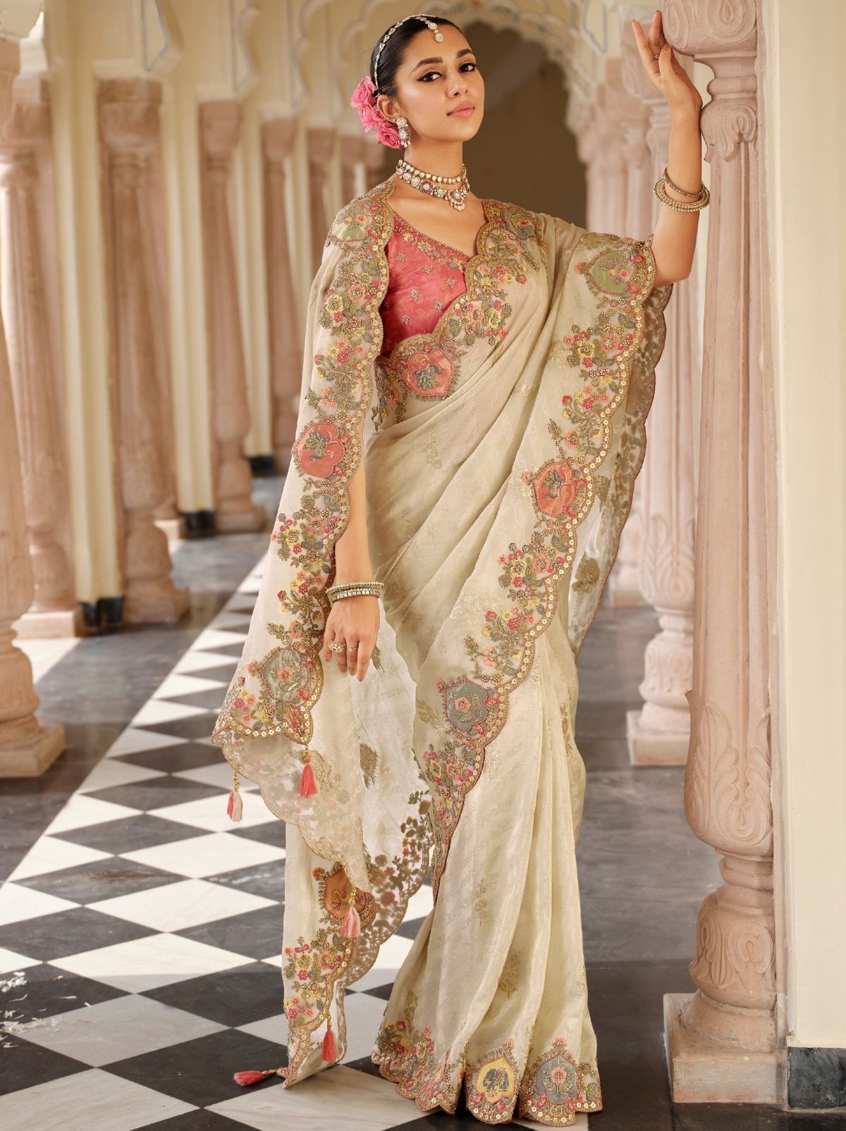 Off White Fine Soft Silk Saree with Heavy Embroidery Work - TrendOye