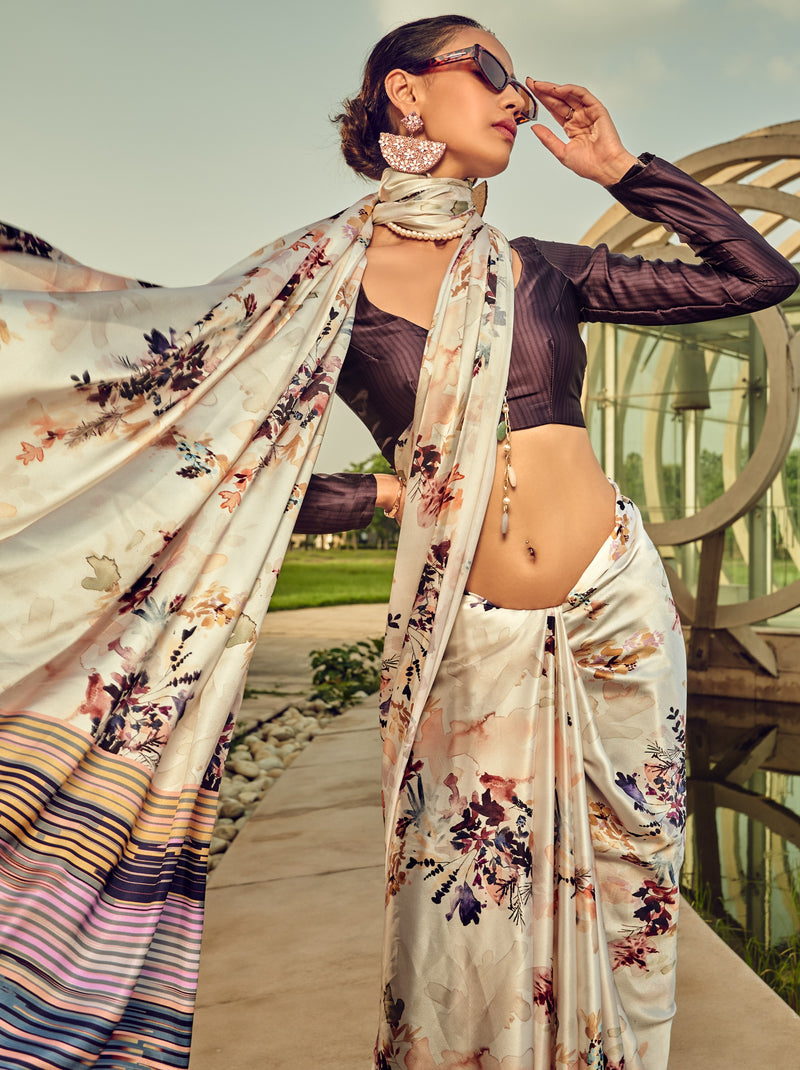 Pearl White Floral Pattern Digital Satin Crepe Saree